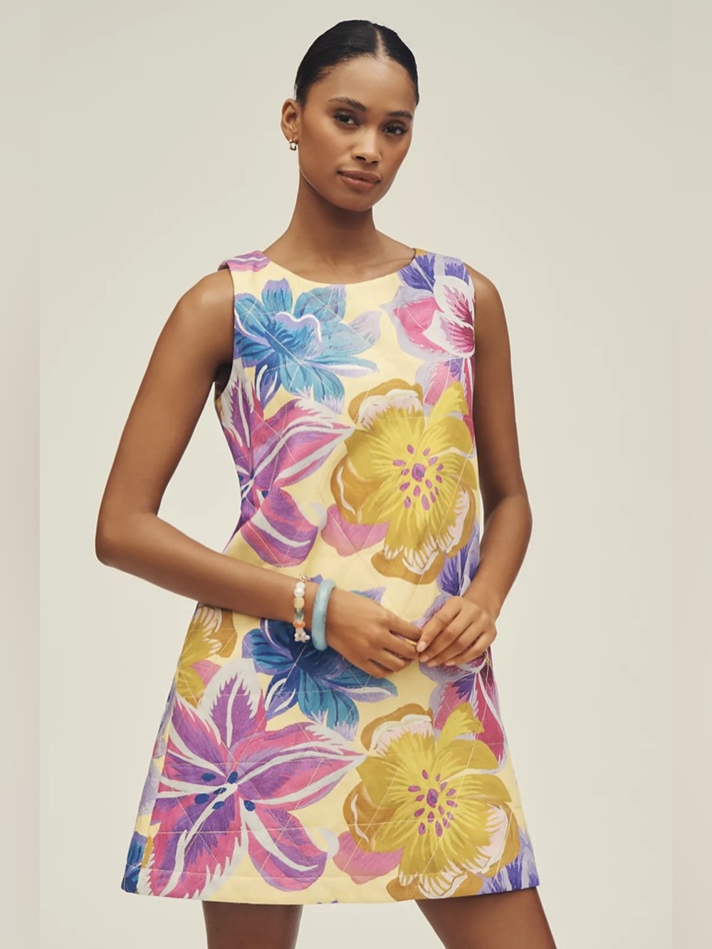Farm Rio x Anthropologie Sleeveless Mini Shift Dress Quilted Floral Size S NWT
